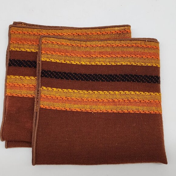 Vintage Handwoven Napkins With Brown & Orange Stripes Boho Design - Picture 7 of 8
